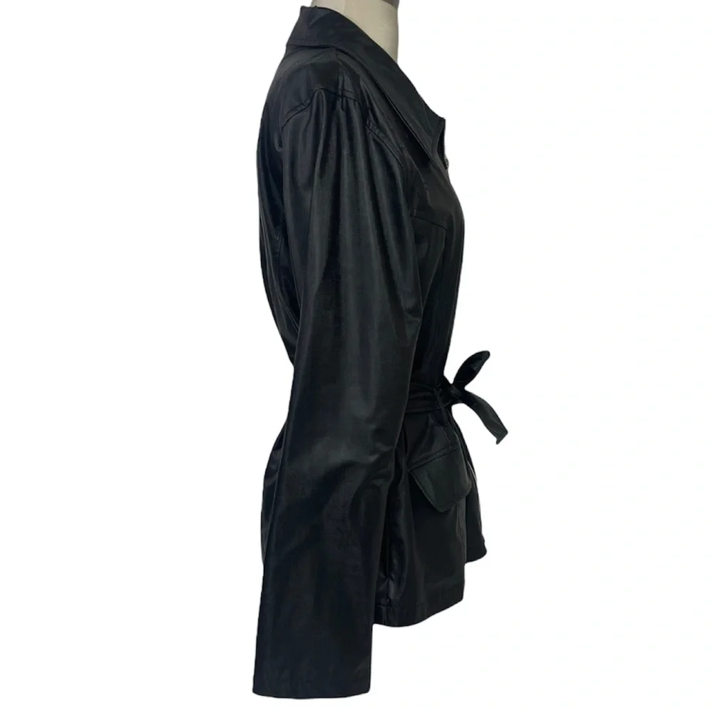 Vintage Moto Jacket  90s Y2K Belted Waist Rain Resistant Coat Belt Black Silver